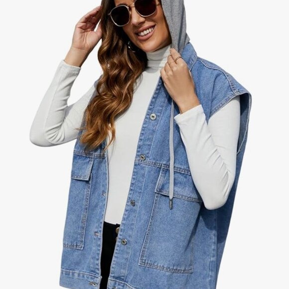 PAODIKUAI Women's Oversized Denim Vest Mid Long Sleeveless LARGE - Picture 2 of 6